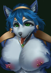 absurd_res anthro artist_name breasts bust_portrait cervid chromatic_aberration digital_media_(artwork) digital_painting_(artwork) female fur fursin hair hi_res krystal looking_at_viewer mammal nintendo nipple_piercing nipples nude piercing portrait shaded simple_background smile soft_shading solo star_fox video_games white_body white_fur