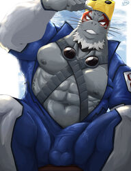 1boy abs anthro balls_outline beard biceps black_eyes blue_suit blush bulge clothing digital_media_(artwork) digital_painting_(artwork) eyewear facial_hair furry_only genital_outline glistening glistening_body goggles grey_body hi_res male male_focus male_only male_solo mammal marine muscular muscular_anthro muscular_male my_hero_academia naruever nipples pecs penis_outline pinniped portrait seal selkie_(my_hero_academia) shaded signature simple_background sitting soft_shading solo solo_male superhero teeth three-quarter_portrait whiskers