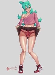 1boy absurdres androgynous aqua_hair aqua_nails blush bulge crossdressing eyelashes femboy head_tilt highres hirakiart long_hair male midriff miniskirt nail_polish off_shoulder original penis simple_background skirt skirt_lift smile sneakers solo standing testicles trap