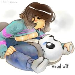 blush blushing breasts_out breasts_out_of_clothes breasts_outside breasts_pressed_against_partner caught_off_guard digital_painting_(artwork) dominant_female dominant_female_submissive_male female_frisk frisk holding_hands human_female kiss kiss_on_lips kissing large_breasts male/female pinning_down sadfloow saliva_string saliva_trail sans skeleton submissive_male surprised surprised_expression text undertale undertale_(series)