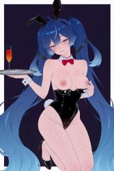 iuno_(wuthering_waves) wuthering_waves _yumidreams ai_generated 1girl ahoge animal_ears bangs bare_shoulders black_footwear black_leotard blue_eyes blue_hair blush bow bowtie breasts breasts_out cup detached_collar drinking_glass fake_animal_ears fishnet_pantyhose fishnets full_body half-closed_eyes high_heels holding holding_tray kneeling leotard long_hair looking_at_viewer medium_breasts multicolored_hair nipples pantyhose parted_lips playboy_bunny rabbit_ears rabbit_tail red_bow red_bowtie seductive_smile smile solo strapless strapless_leotard tail tray twintails very_long_hair alcohol alcoholic_drink