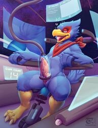 3_toes anal anal_sex anthro avian detailed_background erection falco_lombardi feet fucking_machine genitals hi_res looking_pleasured machine male male_focus male_only male_penetrated male_solo mesomorph nintendo penetration penile penis penis_milking scarf sex_machine sitting solo solo_male star_fox thesecretcave toes video_games