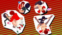 moruke_omura_(character) hair_over_one_eye green_hair blue_eyes red_hair black_hair multicolored_hair 2girls 2boys koikatsu 3d hiderlink20 bottomless jacket_only braided_hair big_ass big_breasts big_penis thigh_highs sex femboy tomboy carrying_partner carrying_sex group_sex