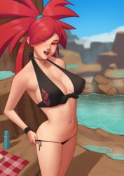 1girls bikini black_bikini blush deilan12 eyebrows_visible_through_hair eyelashes_visible_through_hair flannery_(pokemon) flannery_(pokemon_oras) gym_leader hot_spring necklace nintendo picnic picnic_blanket pokemon pokemon_oras pokemon_rse pulling_down_pants red_eyes red_hair steam taking_clothes_off