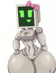 green_eyes pcboy pcgirl huge_thighs breasts battery_indicator hair_bow computer_monitor computer robot_girl pussy white_background highres gray_skin belly small_waist