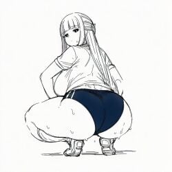 blush buruma curvy expressionless fern_(sousou_no_frieren) gigantic_breasts gym_uniform huge_breasts plump sousou_no_frieren squatting sweaty thick_thighs wide_hips