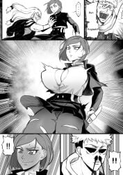 bleeding_nose blush breast_expansion breasts bursting_clothes button_down_shirt cleavage comic comic_page flushed itadori_yuuji jujutsu_kaisen kugisaki_nobara large_breasts long_hair lunging mahito_(jujutsu_kaisen) monochrome muscular muscular_male nesz nobara_kugisaki panties scarf short_hair skirt speech_bubble sweat sweatdrop sweating tagme tagme_(artist) text thick_thighs torn_clothes vest wide_hips