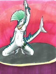 anthro aroused_smile breasts claws exotic_dancer female fin fish genitals glowstick hi_res marine money nipples nyghtmar3 pole pussy roxy_the_tiger_shark shark slender_body small_breasts solo spread_legs spreading stripper_pole tigershark