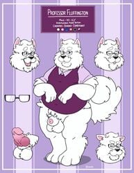 1boy 2019 animal_genitalia animal_penis anthro balls bottomless bravo canid canine canis clothed clothing domestic_dog erection eyewear facial_hair fur genitals glasses hi_res male male_focus male_only male_solo mammal mature_male model_sheet moustache overweight overweight_male penis shirt small_penis solo solo_male topwear white_body white_fur