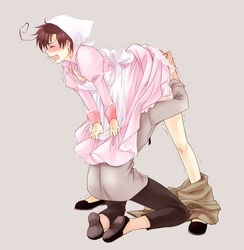 antonio_fernandez_carriedo axis_powers_hetalia blowjob fellatio head_under_clothes lovino_vargas maid maid_uniform male_only romano_(hetalia) spain_(hetalia) tagme under_dress yaoi