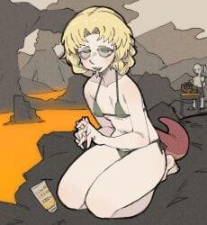 pantsu_ripper amlogamer rya_(elden_ring) elden_ring pale_skin pale-skinned_female patches_(fromsoftware) solo_focus looking_at_viewer tired_eyes snake_girl snake snake_tongue blonde_hair green_eyes flat_chest bikini areolae areola_slip eye_bags clasped_hands