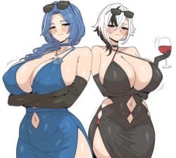 2girls akazuan_19 arlecchino_(genshin_impact) breasts dp-12_(girls'_frontline) female female_focus female_only genshin_impact girls'_frontline girls'_frontline_2:_exilium helen_(girls'_frontline_2) large_breasts light-skinned_female light_skin looking_at_viewer thick_thighs thighs white_background wide_hips
