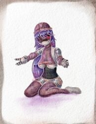 aarushiiroosh button_eyes doll_(murder_drones) female female_only glitch_productions long_hair looking_away murder_drones nipple_slip nipples purple_hair reaching_towards_viewer red_eyes sitting sleeves socks underboob