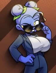 zulmi mundo_torajo edit edited edited_art edited_official_artwork self_upload tagme huge_breasts big_breasts tight_clothing suit glasses fruit_humanoid 1girls