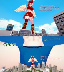 1boy 1girls 3d abs angel angel_wings bulge city destruction english_text female giant_male giantess halo huge_bulge koikatsu looming male muscular muscular_male oc original original_character seraphine_helvenne size_difference text underwear xavier_huge xavierhuge