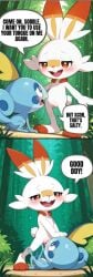 dialogue pussy ambiguous_gender female/ambiguous sex oral_sex oral cunnilingus anguirus12345 scorbunny sobble forest ai_generated english_text english anthro feral anthro_female male_feral/female_anthro anthro_on_feral feral_on_female feral_on_anthro pokemon pokemon_(species) nintendo cunnilingus_request 2_panel_comic cub blue_body white_fur smile blush blushing open_mouth size_difference generation_8_pokemon