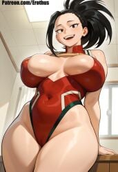 ai_generated erothus momo_yaoyorozu yaoyorozu_momo my_hero_academia boku_no_hero_academia 1girl breasts solo black_hair leotard smile thighs hair_pulled_back ponytail open_mouth looking_at_viewer red_leotard black_eyes large_breasts highleg covered_nipples thick_thighs covered_navel indoors highleg_leotard breasts_apart bare_shoulders