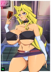 1girls armwear belt blonde_hair huge_breasts big_breasts breasts cleavage crop_top detached_sleeves earrings female female_only footwear hair heels high_heels hoop_earrings long_hair mai_valentine pencil_skirt purple_eyes purple_skirt skirt solo solo_female topwear yu-gi-oh! yu-gi-oh!_duel_monsters revealing_clothes skimpy skimpy_clothes holding_object holding_card card neckwear choker white_panties panties miniskirt ghostlessm
