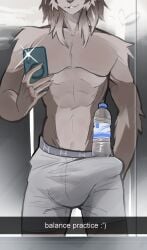 2026 abs absurd_res anthro aquill big_penis bottle boxers_(clothing) bulge clothing container covering covering_face digital_drawing_(artwork) digital_media_(artwork) english_text felid feline fur genitals hi_res locker_room lynx male mammal markings meme multiple_scenes nonbinary_(lore) penis selfie shampoo_challenge solo spots spotted_body spotted_fur tagme tail teal_eyes teeth text umi_(aquill) underwear water_bottle