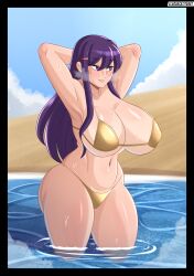 aguacate_paltastico beach beach_background big_boobs big_breasts bikini bikini_bottom bikini_top boobs boobs_bigger_than_head ddlc doki_doki_literature_club el_aguacatito elaguacatitoart golden_bikini golden_week massive_breasts massive_tits purple_eyes purple_hair tagme tits tits_bigger_than_head twitter_username water yuri_(doki_doki_literature_club)