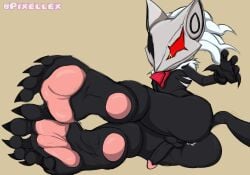 anthro anus armor balls butt canid canine canis claws feet foot_focus genitals hair headgear helmet hi_res infinite_(sonic) jackal male mammal mask pawpads penis pixellex red_eyes sega soles solo sonic_forces sonic_the_hedgehog_(series) white_hair