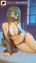 1girl 1girls 2026 ai_generated artist_name blush boku_no_hero_academia boobs breasts bust chest electroworld green_hair hi_res high_quality high_resolution highres long_hair mask mouth_mask my_hero_academia navel on_side patreon patreon_username solo stable_diffusion surgical_mask tits tsuyu_asui watermark