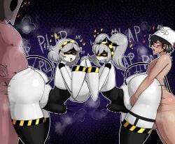 2boys 2girls ass bag_over_head big_ass big_butt black_background blushing blushing_female boobs breasts butt grey_hair hearts holding_hands horndogo36 intercourse j_(murder_drones) murder_drones murder_drones_x_humans oc panting penetration penis_in_ass plap plapping_ass plapping_big_butt robots sex straight straight_sex tail thebeanieboii v_(murder_drones) vaginal_sex yellow_eyes