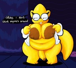 absurd_res alphys areola belly big_areola big_belly big_breasts big_penis bottomless bottomless_gynomorph bottomless_intersex breasts buckteeth clothed clothing coat dark_areola dialogue digital_media_(artwork) erection exhibitionism eyelashes eyewear ferry_(undertale) foreskin genitals glasses gynomorph hi_res huge_areola huge_breasts humanoid_genitalia humanoid_penis intersex knock-kneed lab_coat lizard looking_away mostly_nude navel nerd nipples oblivious overweight overweight_gynomorph overweight_intersex penis pincoosh reptile scales scalie signature solo_focus speech_bubble tail talking_to_viewer teeth topwear undertale undertale_(series) undressing waterfall wearing_glasses yellow_body