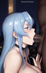 1girls 1boy ai_generated aisuyuni dark-skinned_male ntr netorare cuckold cuckolding blacked cheating cheating_wife cheating_girlfriend cheating_female interracial esdeath_(akame_ga_kill!) akame_ga_kill! blue_eyes blue_hair blowjob sucking sucking_penis penis big_penis breasts large_breasts big_breasts night