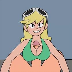 1boy 1boy1girl 1girls animated big_breasts big_penis black_eyes breasts cleavage eyewear_on_head female gif grin leni_loud looking_at_viewer male male_pov paizuri penis pov siphoncy smile sunglasses_on_head the_loud_house thick_penis