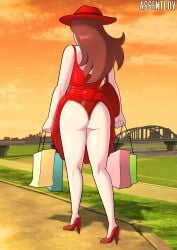 1girls 2026 2d 2d_(artwork) alternate_version_available artist_name ass assentlov back_view bride brown_hair butt female female_only mario_(series) nintendo no_sex outdoors pale_skin panties pauline red_dress sleeveless solo solo_female underwear urban walking