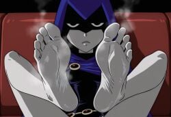 1girls 5_toes ai_generated ambiguous_gender barefoot belt black_eyes blue_cloak blue_hood cloak close-up_feet close_up_feet close_up_view damenjer detailed_feet emotionless feet feet_fetish feet_focus female female_only foot_fetish front_view grey_body grey_skin hidden_face hood hood_up legs_up looking_at_viewer neutral_expression presenting_feet raven_(dc) sitting sitting_on_sofa small_breasts smelly_feet solo solo_female spread_legs steam steamy_feet teen_titans