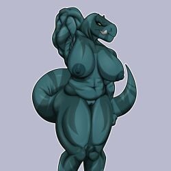 absurd_res anthro armpit_fetish big_breasts big_butt bodily_fluids breasts butt dinosaur exposed_breasts fang_(primal) female genitals hammurabischode hi_res muscular muscular_anthro muscular_female nervous prehistoric_species primal_(series) raised_arm reptile saurischian scalie slightly_chubby solo sweat sweatdrop tail theropod thick_tail thick_thighs tyrannosaurid tyrannosauroid tyrannosaurus vulva