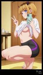 1girl 4k 8k ai_generated anime_scene anime_screenshot attractive_body beautiful_face bike_mini-shorts blonde_hair blue_eyes blunt_bangs demon_horns explicit_content fake_horns feet five_toes full_body happy_expressive_face holding_phone horns leggings_under_shorts legs lifted_t-shirt looking_at_viewer manicure masterpiece mature_woman medium_breasts memcho navel nsfw oshi_no_ko pedicure perfect_anatomy profile_view seductive_pose selfie short_hair solo squatting stomach tight_bottoms tight_leggings toenails toes