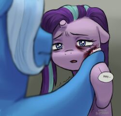 absurd_res abuse abused aftercare blood blood_on_face bloodymrr blue_body blue_hair bodily_fluids duo duo_focus ears_down equid equine female female/female feral friendship_is_magic grey_background group hair half-length_portrait hand_on_face hand_on_hand hasbro hi_res hopeful horn looking_at_another mammal mlp_g4 my_little_pony mythological_creature mythological_equine mythology napkin pink_body pivoted_ears portrait purple_hair shaking simple_background speech_bubble starlight_glimmer_(mlp) tears trixie_(mlp) unicorn wiping_face worried worried_look wounded