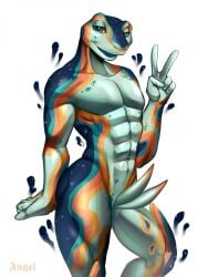 2024 2_penises 5_fingers abs amphibian angellumen animal_genitalia anthro athletic athletic_anthro bent_arm blue_body blue_eyes blue_penis blue_pupils blue_skin blue_tongue collarbone colored digital_drawing_(artwork) digital_media_(artwork) english_description english_text erection featureless_chest fingers frog genital_slit genitals gesture half-closed_eyes hand_gesture hi_res light lighting luke_verbonji male markings multi_genitalia multi_penis multicolored_body multicolored_penis multicolored_skin muscular muscular_thighs narrowed_eyes navel non-mammal_navel nude_anthro nude_male open_mouth open_smile orange_markings pecs penis portrait pupils shaded simple_background smile solo text three-quarter_portrait tongue v_sign white_background yellow_sclera