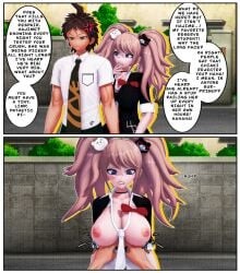 3d bookie breasts breasts_out danganronpa danganronpa:_trigger_happy_havoc danganronpa_2:_goodbye_despair enoshima_junko hinata_hajime implied_ntr junko_enoshima shirt_open shirt_pull tits