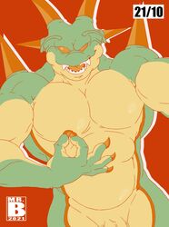 2021 absurd_res alien biceps dragon dragon_ball dragon_ball_z fangs flaccid genitals hi_res horn humanoid_genitalia humanoid_penis looking_at_viewer male male_focus male_only mrsb pecs penis porunga red_background red_eyes scalie simple_background solo solo_male spikes