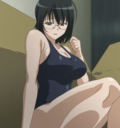 kamimoto_kanetoshi feel_(company) yosuga_no_sora yorihime_nao blue_one-piece_swimsuit blue_sukumizu blue_swimsuit blue_tank_suit clothing eyewear glasses one-piece_swimsuit sukumizu swimsuit tank_suit black_hair breasts cleavage female grey_eyes large_breasts light_skin sideboob thighs bent_knees open_mouth sitting looking_down box cardboard_box 1girl indoors screen_capture stitched high_resolution