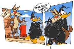 2026 anatid anseriform anthro avian balls beak belly belly_inflation bird black_body black_feathers blush brown_body brown_fur canid canine canis coyote daffy_duck dialogue digital_drawing_(artwork) digital_media_(artwork) duck duo english_description english_text feathers fire_hydrant fur genitals handjob hi_res hose hose_in_mouth humanoid_genitalia humanoid_hands humanoid_penis inflation liquid_inflation looney_tunes male male/male mammal orange_beak outdoor_nudity outside_sex penile penis pink_tongue remmyfox sex speech_bubble tail text text_on_sign tongue warner_brothers water_inflation wile_e._coyote