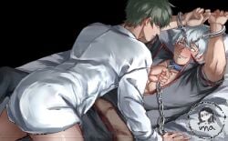 gintoki_sakata gintama hijikata_toshiro male male_only gay yaoi 2boys i1chi90 white_hair black_hair restrained bottomless handcuffs arms_up nervous nervous_smile smile blush sweat chain chained chain_leash collar green_hair on_back on_bed imminent_sex