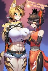 cocky69 ai_generated text arknights zenless_zone_zero aak_(arknights) pulchra_(zenless_zone_zero) pulchra_fellini male/female cat_ears cat_tail catgirl cat_girl catboy yellow_eyes yellow_fur green_eyes black_hair breasts big_breasts boobs big_boobs orange_clothing arm_sleeves jacket shorts tights grabbing_breasts bulge bulge_through_clothing bulge_under_clothes boner boner_in_pants boner_under_clothes boner_in_underwear