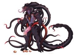 3_toes 4_eyes akuma_tlt alien anthro arm_tentacle black_body black_scales black_skin black_tentacles bodily_fluids claws dripping egg eldritch_abomination eldritch_being fan_character feet genital_fluids genitals glowing glowing_egg glowing_eyes glowing_markings head_tentacle hi_res leaking_precum long_tentacles long_tongue male markings monster multi_eye muscular muscular_anthro muscular_male open_mouth orange_egg ovipositor penis pink_penis precum precum_drip pseudo_hair purple_body purple_skin red_eyes red_spikes red_tentacles saliva saliva_on_tongue scales sharp_teeth solo spiked_tentacles spikes spikes_(anatomy) teeth tentacle_creature tentacle_hair tentacles toes tongue unusual_anatomy unusual_genitalia unusual_penis