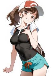 elaine_(pokemon) pokemon ai_generated 1girl clothing female brown_hair brown_eyes solo baseball_cap shorts headwear smile hat breasts looking_at_viewer shirt white_background ponytail covered_navel short_shorts simple_background short_sleeves bag green_shorts black_shirt medium_breasts backpack red_headwear dolphin_shorts grin cowboy_shot two-tone_headwear blue_shorts blush tight_clothes brown_bag side_slit_shorts tight_shirt poke_ball_print long_hair parted_lips taut_clothes hand_on_own_chest teeth eyelashes raglan_sleeves midriff_peek