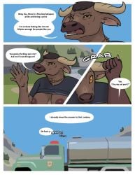 ambiguous_species anthro big_breasts black_clothing black_shirt black_t-shirt black_topwear border bovid bovine breasts brown_body brown_fur brown_hair carabao cass_(oystr) clothed clothing comic detailed_background duo ear_piercing ear_ring english_text female female/female forest_background fur hair hi_res horn horn_grab jewelry mammal markus_(oystr) necklace nipple_piercing nipples nonbinary_(lore) orange_eyes out_of_frame outside_border oystr piercing profanity raised_clothing raised_shirt raised_topwear ring_piercing shirt t-shirt text topwear truck true_buffalo united_states_forest_service vehicle water_buffalo white_border