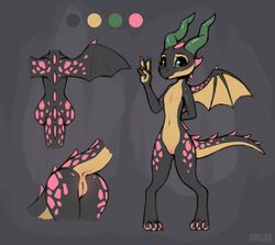 ass black_body black_scales claws female genitals gesture invalid_tag kobold model_sheet multicolored_body phluks pink_spots pussy scales scalie simple_background solo spots v_sign wings