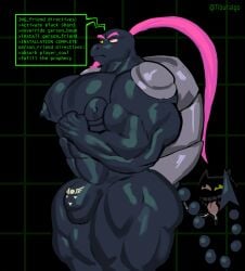 anthro armor black_body clothing corruption cunnilingus deltarune domestic_cat drone dronesuit dronification duo felid feline felis flexing flexing_bicep friend_(deltarune) gerson gerson_boom_(deltarune) gesture hair hand_on_chest hi_res latex latex_clothing latex_skinsuit male mammal muscular muscular_male null null_bulge nullification oral pink_hair salute serious serious_face sex skinsuit standing text tiburalgo tight_clothing tongue tongue_out vaginal