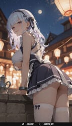 1girl solo long_hair breasts looking_at_viewer blush smile bangs skirt large_breasts shirt thighhighs bare_shoulders jewelry closed_mouth purple_eyes ass white_hair thighs hairband earrings outdoors frills sky sleeveless looking_back black_skirt apron white_thighhighs maid clothing_cutout sleeveless_shirt underboob night moon black_hairband night_sky waist_apron white_apron full_moon lantern underboob_cutout lace-trimmed_hairband frenzyai ai_generated dido_(azur_lane) azur_lane