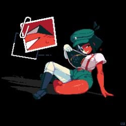 dylis2022 ena_(series) ena ena_(dream_bbq) dream_bbq tagme black_hair short_hair bonnet looking_at_viewer red_body white_body button_down_shirt open_clothes tight_clothing suspenders shorts showing_breasts breasts large_breasts wide_hips thick_thighs boots sitting