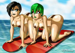 2017 2females 2girls crossover digital_art digital_drawing digital_drawing_(artwork) digital_media digital_media_(artwork) digital_painting_(artwork) foo_fighters jojo's_bizarre_adventure leopard leopard_print leopard_print_bikini prince_of_persia prince_of_persia_warrior_within shahdee stone_ocean surfboard surfer surfing watermark xjkenny